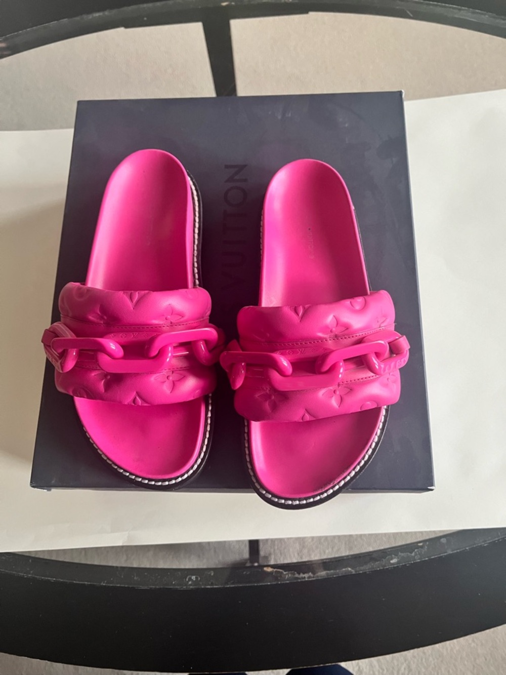 Louis Vuitton Hot Pink Chain-Embellished Slide Sandals